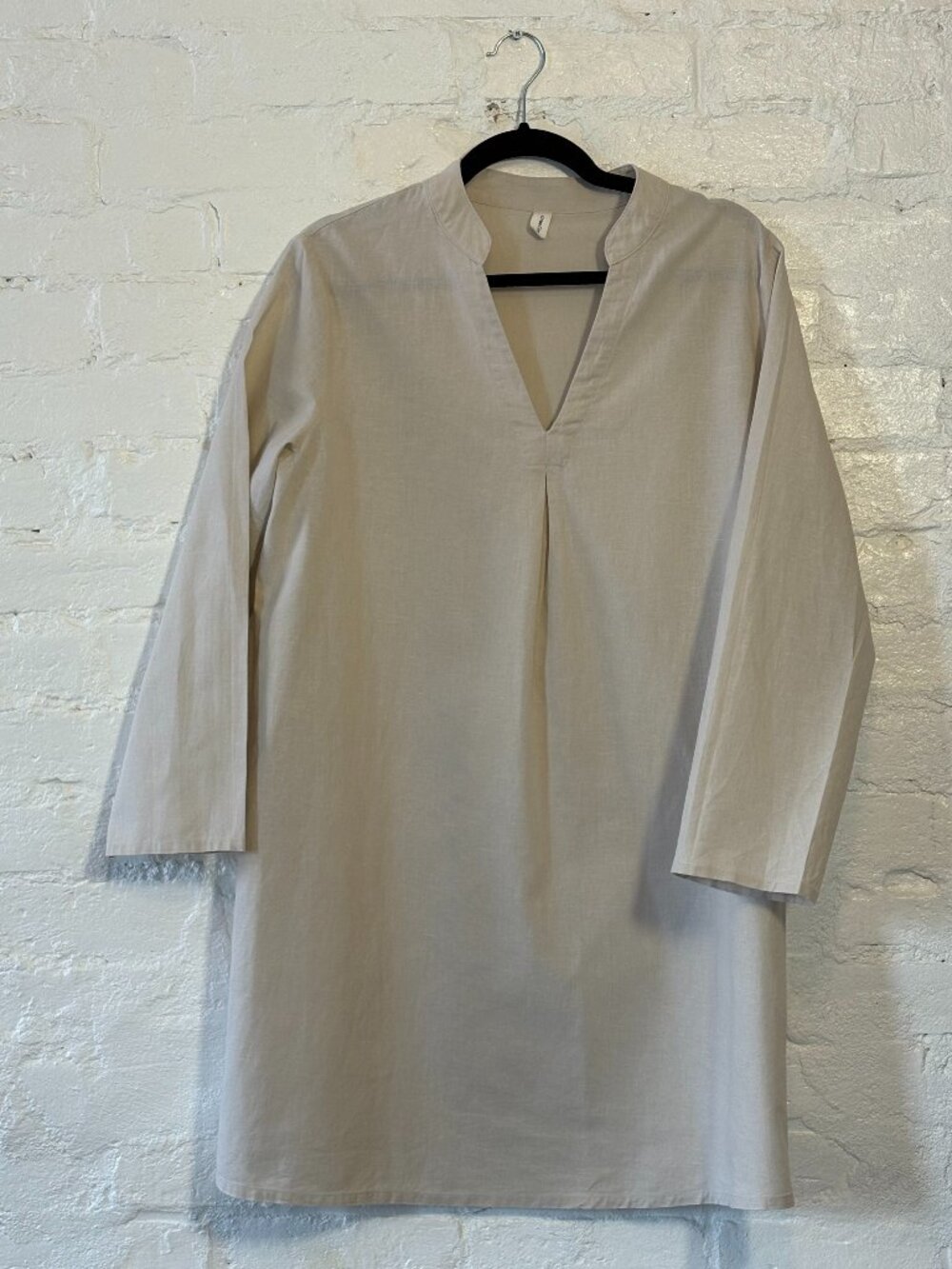 Natural Linen Cotton V-Neck Mandarin Collar 3/4 Sleeve Tunic Dress